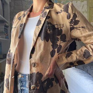 Merona Linen jacket coat tan flowers brown